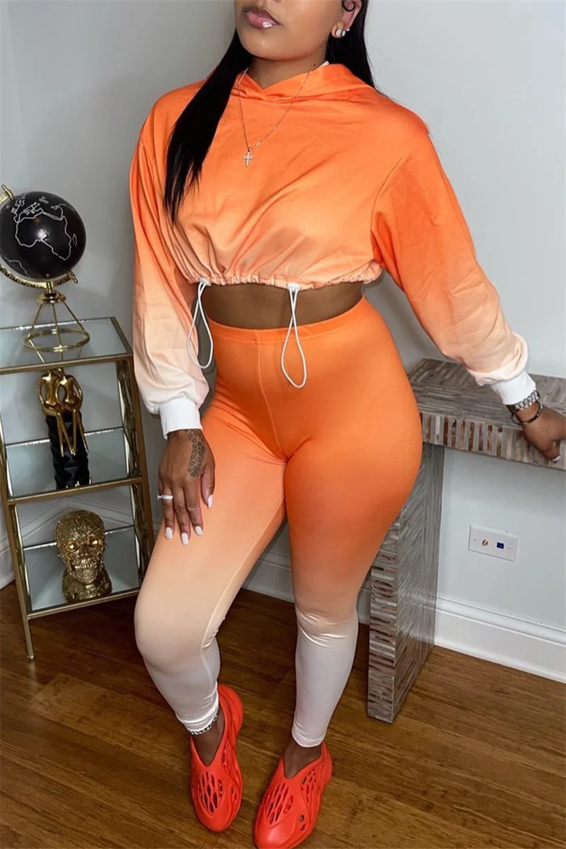 Orange Fashion Casual Gradual Change Print Basic Hooded Collar Long Sleeve Two Pieces | EGEMISS
