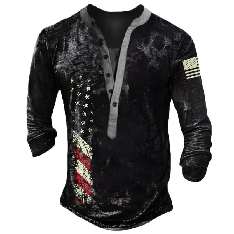 Men's Outdoor Retro American Flag Henry Collar Long Sleeve T-Shirt-Compassnice®