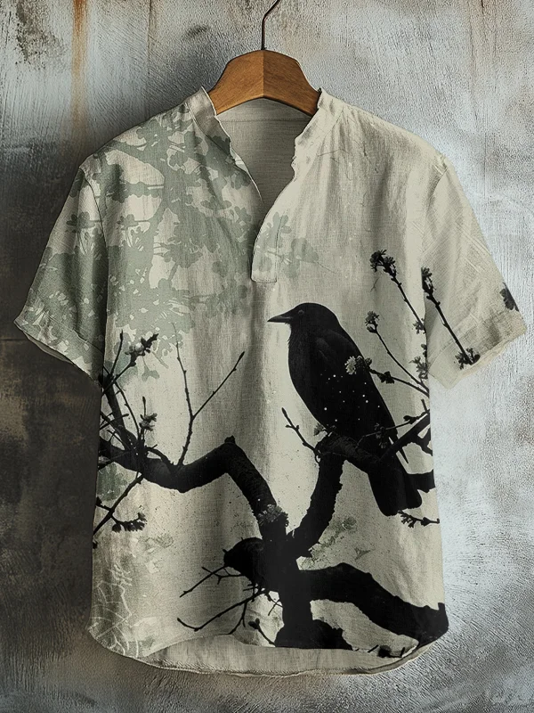 Men's Raven On The Tree Art Print Casual V Neck T-Shirt