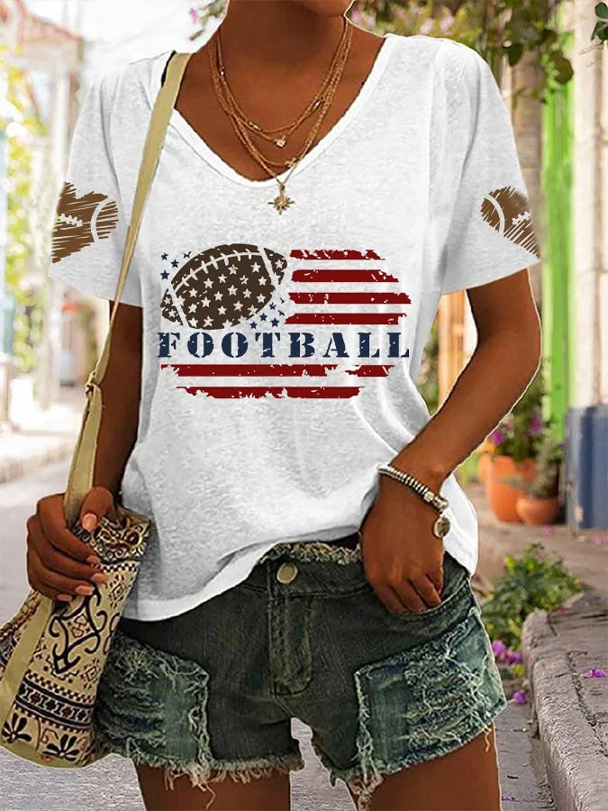 Women's American Football Flag  Football Lover Print V Neck T-shirt