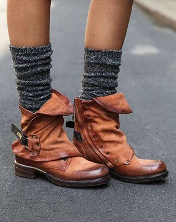 Round Toe Buckle Strap Square Heel Tan Booties