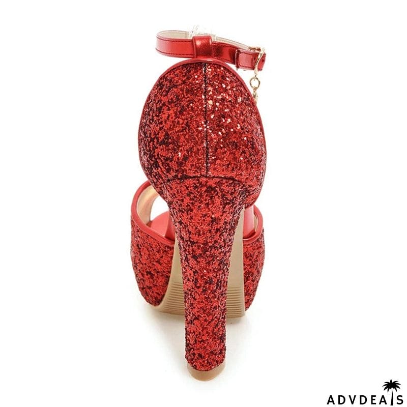Peep Toe Sequined Fabric High Heels