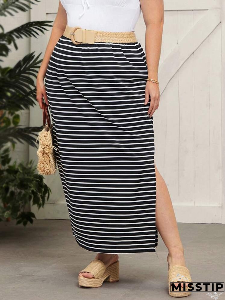 Plus Striped Split Hem Skirt Without Belt