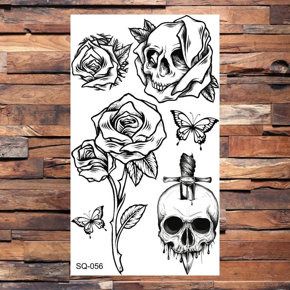 Skeleton Skull Temporary Tattoos For Women Adults Realistic Wolf Snake Rose Flower Feather Fake Tattoo Sticker Back Tatoos Body