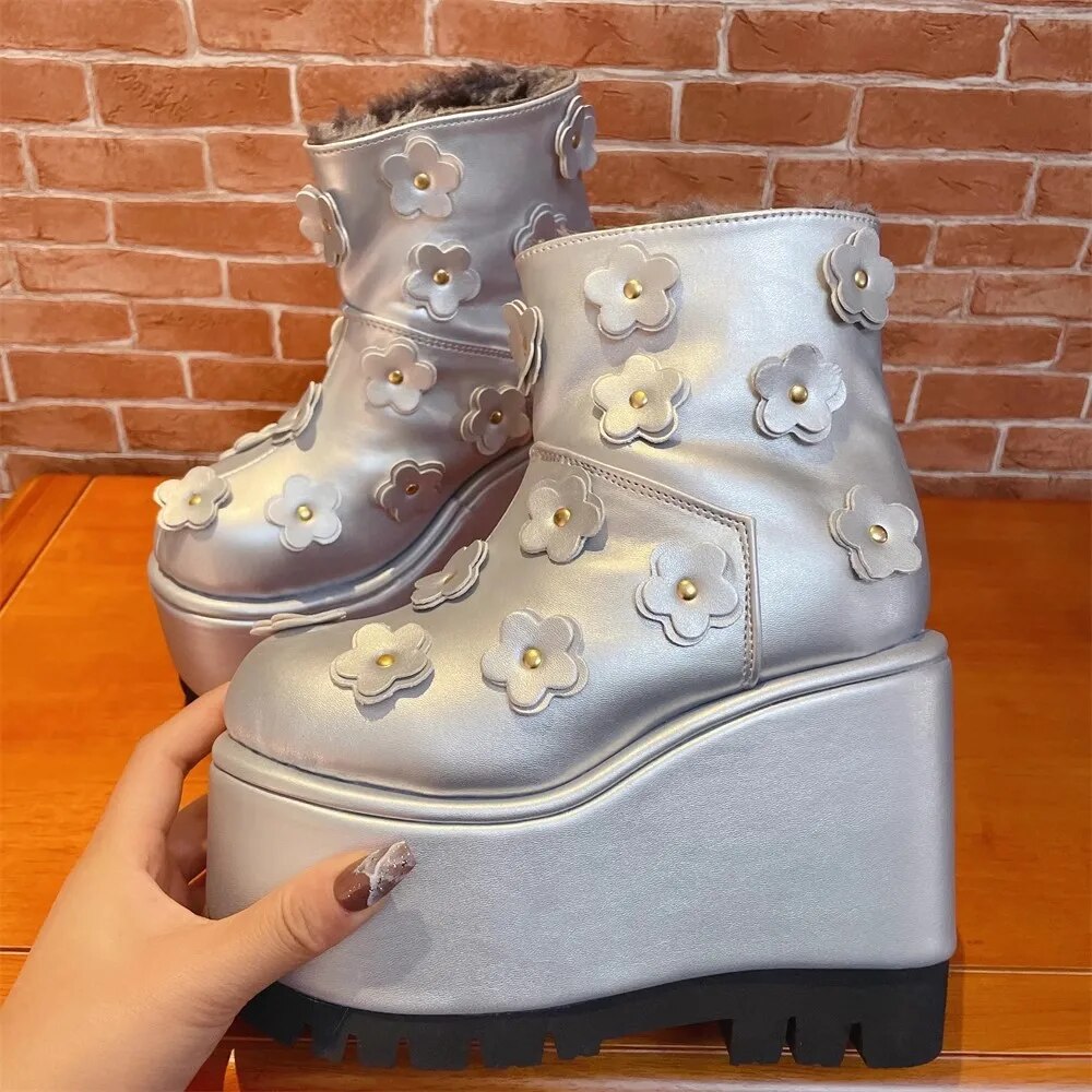 VCshoes Women Metal Silver Flower Martin Boots Woman High Wedges Heels Pumps Lady Knight Short Boots Shoes Plush Thick Fur