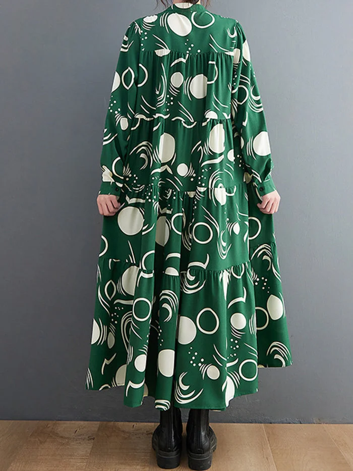 Fashion Button Long Sleeve Print Shirt Dress