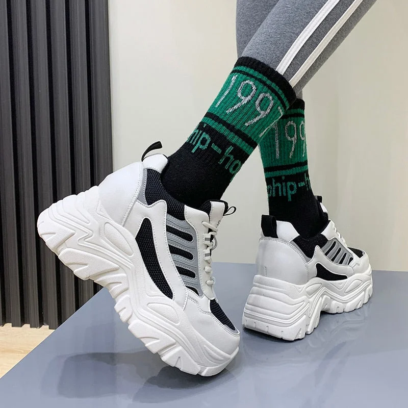 Spring Autumn Chunky Sneakers For Women 2022 Fashion Platform Vulcanized Shoes Woman Black Beige Thick Bottom Trainers