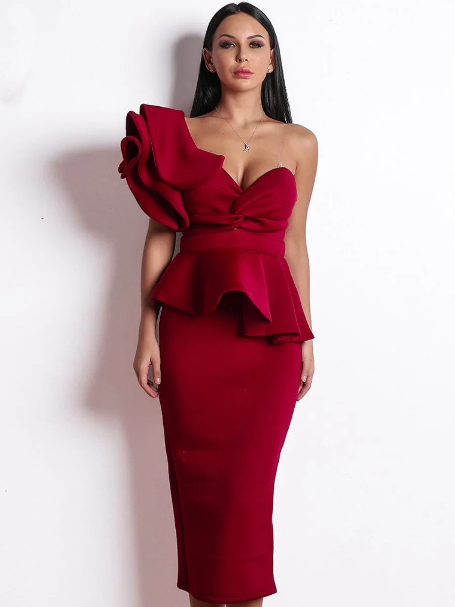 Women's Dress Off The Shoulder Ruffled Hem Halter Slim Pencil Dress