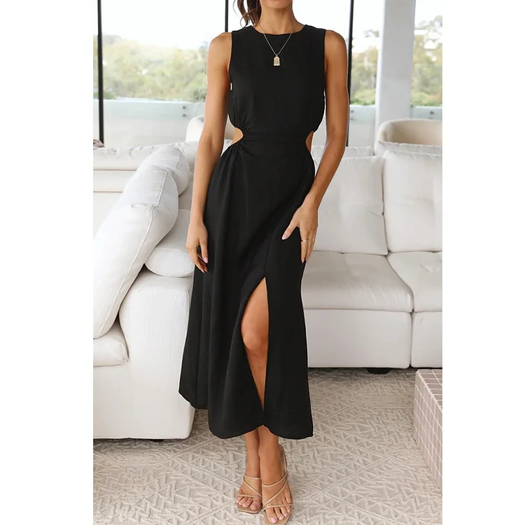 Fashion Hollow Summer Beach Sleeveless Solid Color Party Casual Midi Dress