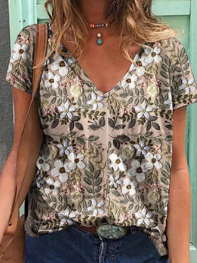 Women's Floral Print Short Sleeve V-Neck Casual T-Shirt