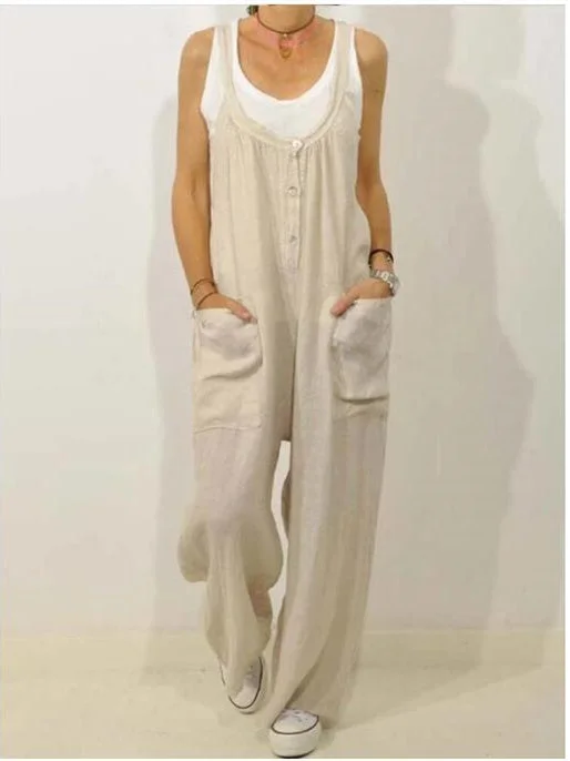 Women plus size clothing Cotton Linen Bib Pocket Solid Elastic Button Jumpsuit-Nordswear