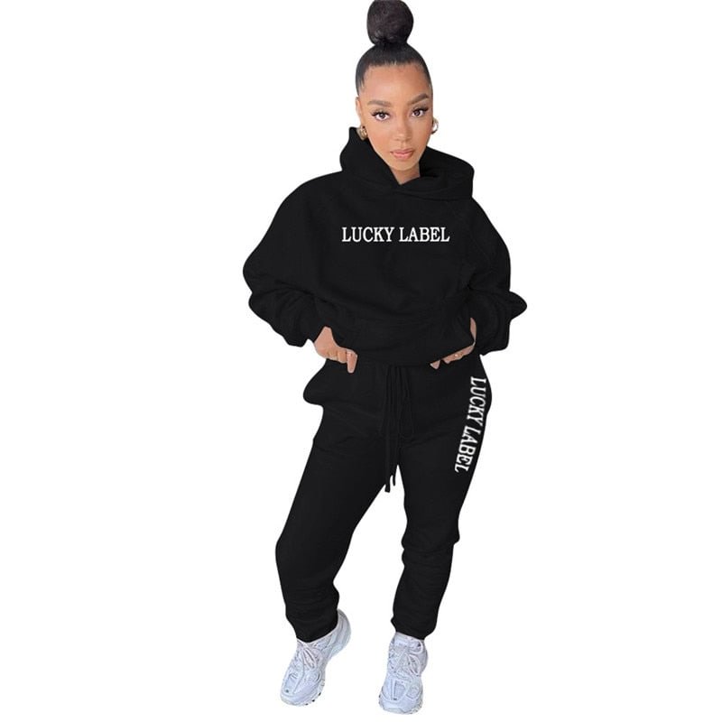 Plus Size S-4XL Lucky Label Two Piece Set Women Sweatsuit Winter Clothes Outfit Hooded Sweatpants Joggers Wholesale Dropshipping