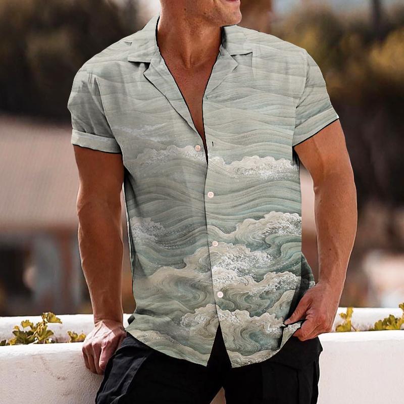 Men's Retro Ukiyoe Wave Lapel Print Shirt 18147726TO