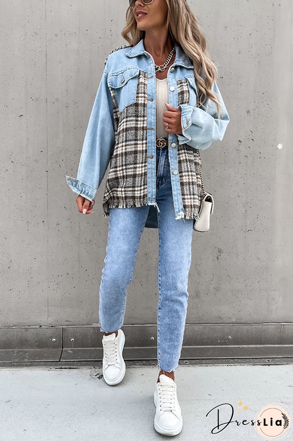 Checked Patchwork Pockets Denim Jacket