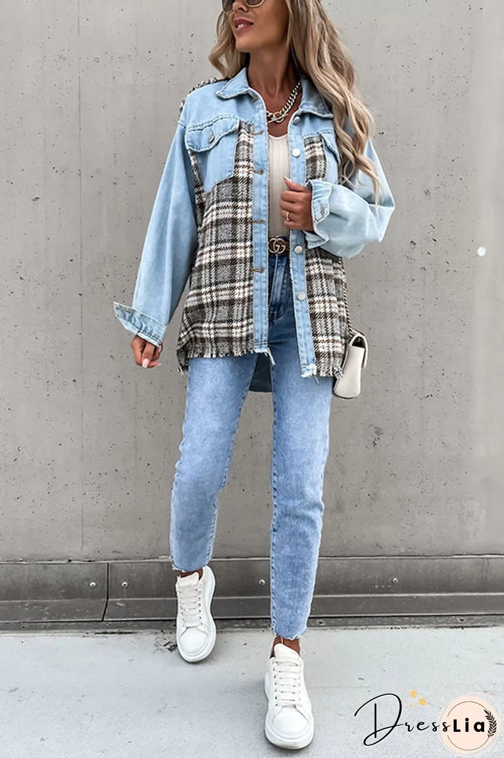 Checked Patchwork Pockets Denim Jacket
