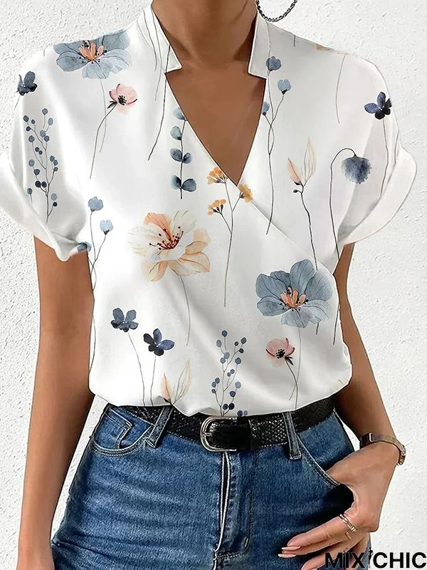 Loose Short Sleeves Floral Printed Split-Joint Stand Collar Blouses&Shirts Tops