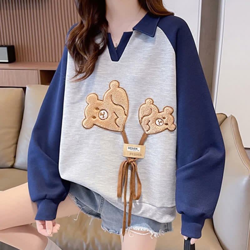 Bear Embroidery Lace Up Loose Colorblock Sweatshirt