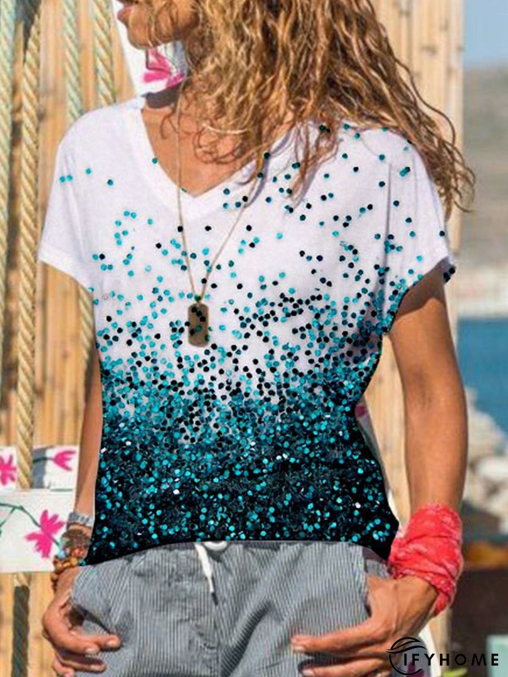 V Neck Shift Polka Dots Casual T-shirt | IFYHOME