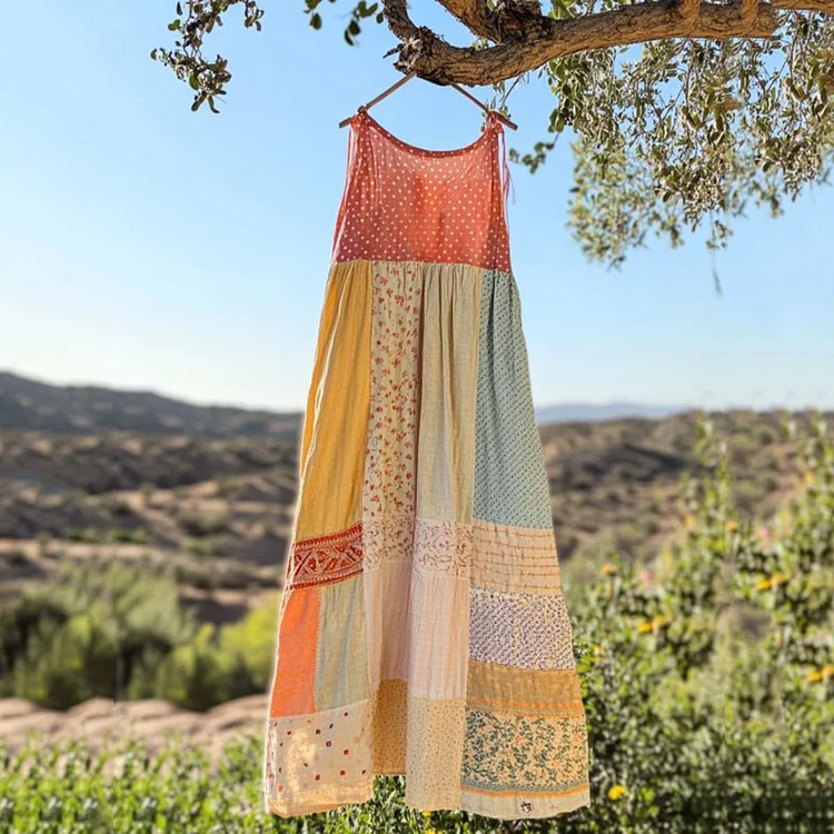 Vintage Floral Patchwork Art Linen Tank Dress