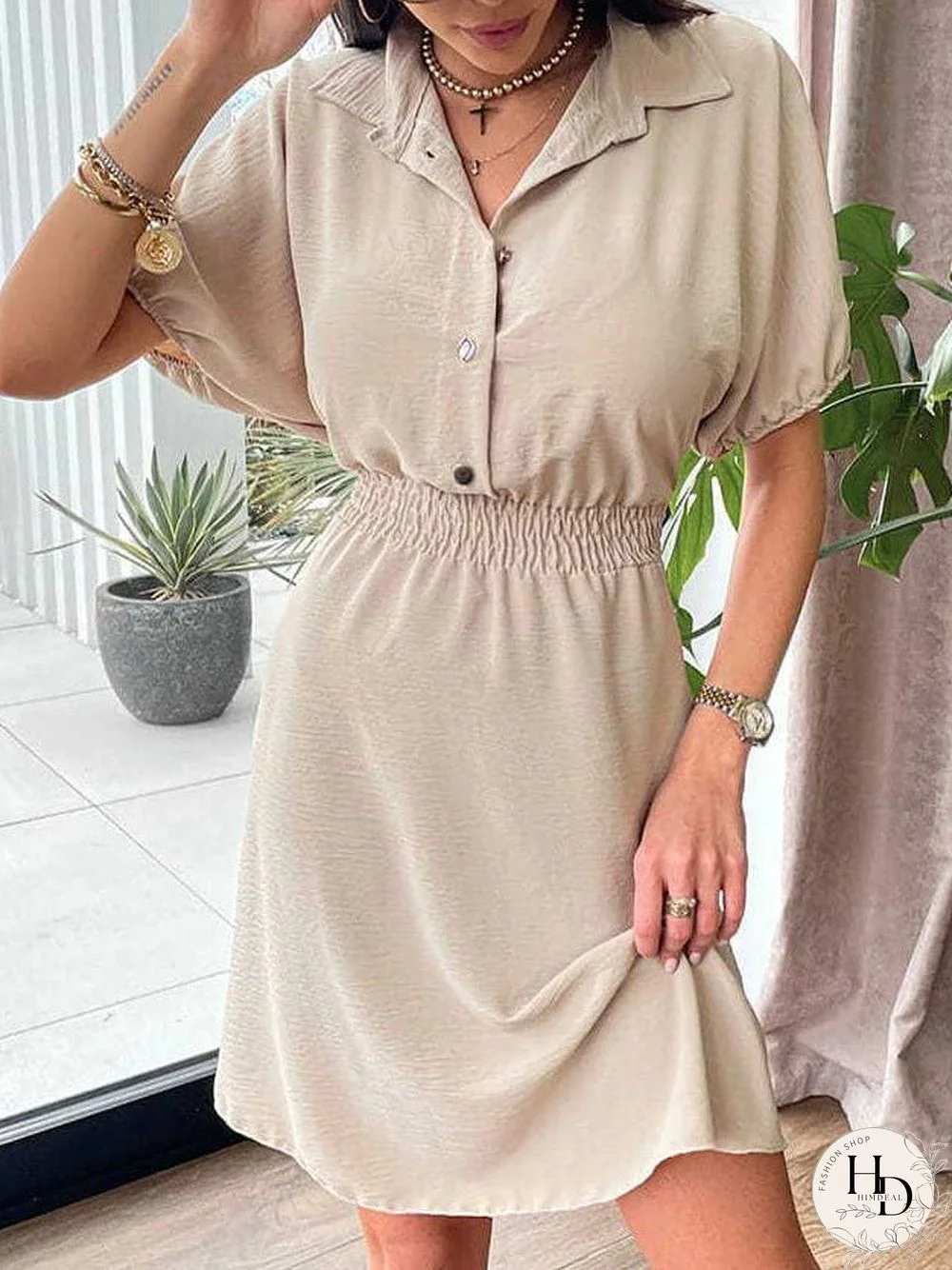 Women'S Dresses Lapel Button Elastic Waist Short Sleeve Dress