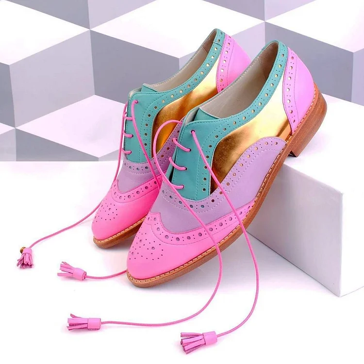 Multicolor Women's Oxfords Tassels Lace Up Wingtip Shoes |FSJ Shoes