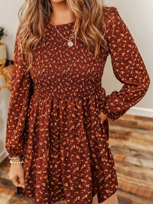 Bohemian Floral Print Smocked Pleated Dress