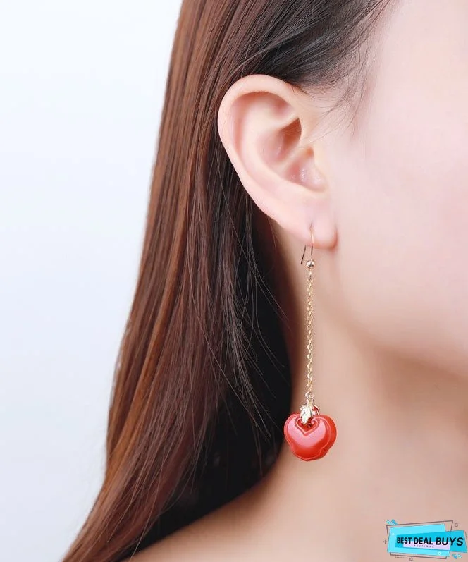 Skinny Red Sterling Silver Overgild Cinnabar Ruyi Drop Earrings