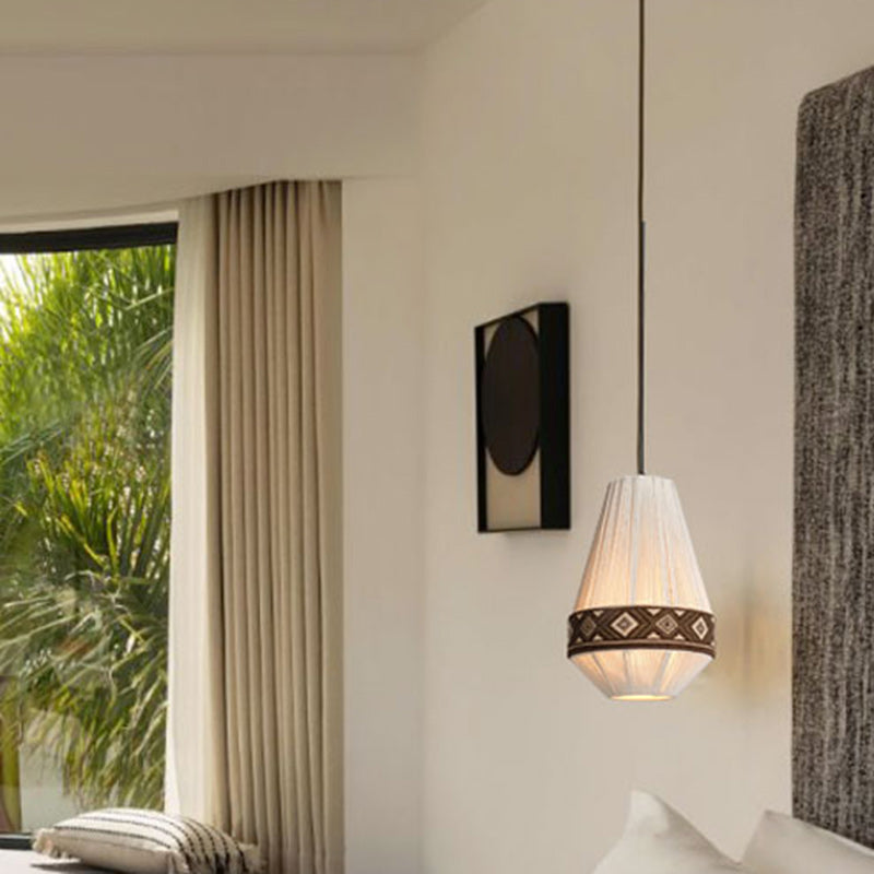 Contemporary Boho Round Table Cylinder Rhombus Floral Cotton Linen Rope Fabric 1-Light Pendant Light For Bedroom