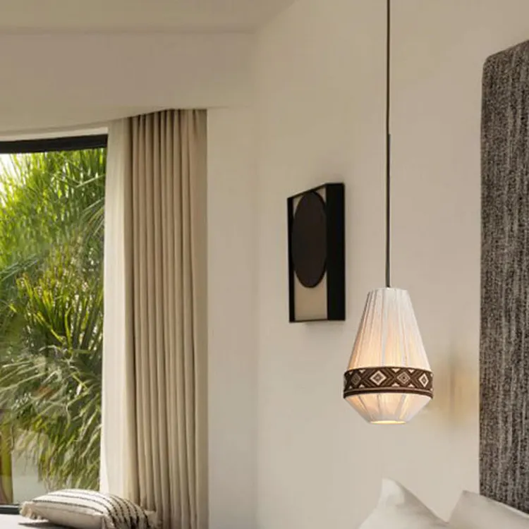 Contemporary Boho Round Table Cylinder Rhombus Floral Cotton Linen Rope Fabric 1-Light Pendant Light For Bedroom