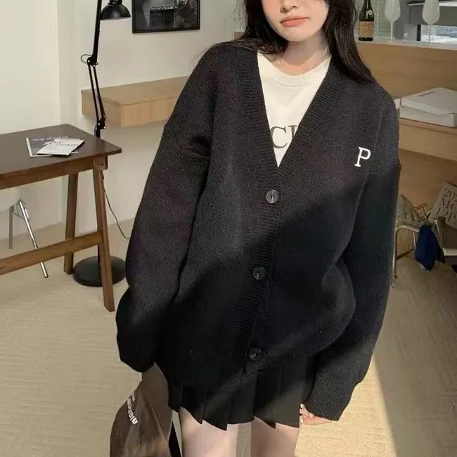 Churchf Churchf Wind Sweater Coat Women's Sheep Wool Winter New Wear Letters Embroidered Loose Knit Cardigan Top