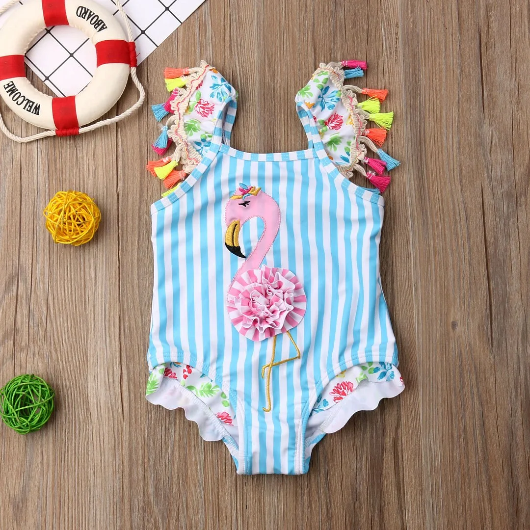 2019 Brand New Newborn Kids Baby Girls Flamingo Bikini Colorful Tassel Sleeve Swimwear Swimsuit Bathing Suit Beachwear 6M-5T