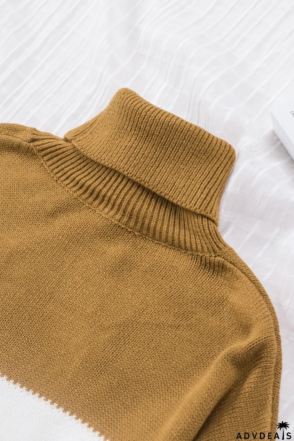 Orange Accent Color Block Turtleneck Chunky Knit Sweater