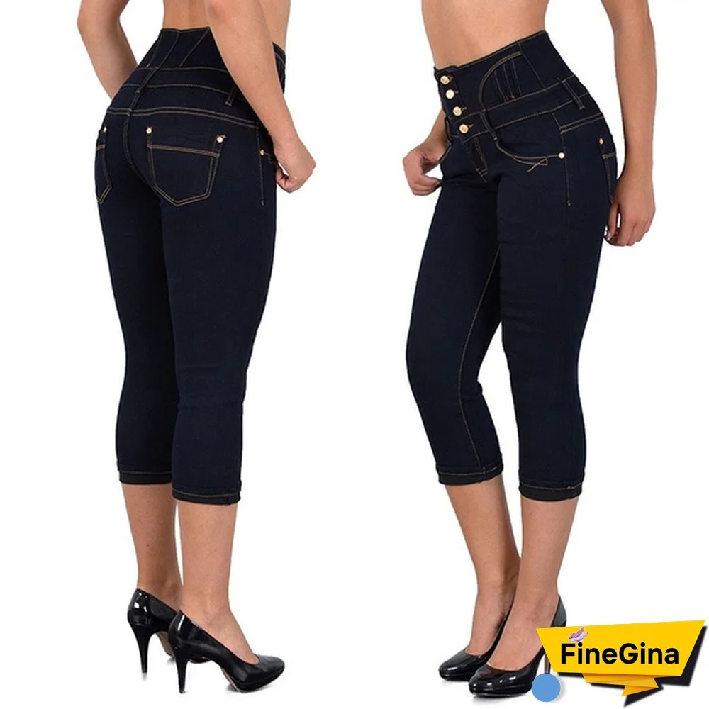 Plus Size Women's Fashion Summer Slim Fit Capri Jeans High Waist 3/4 Jeans Denim Shorts Women Package Hip Short Pants S-5XL