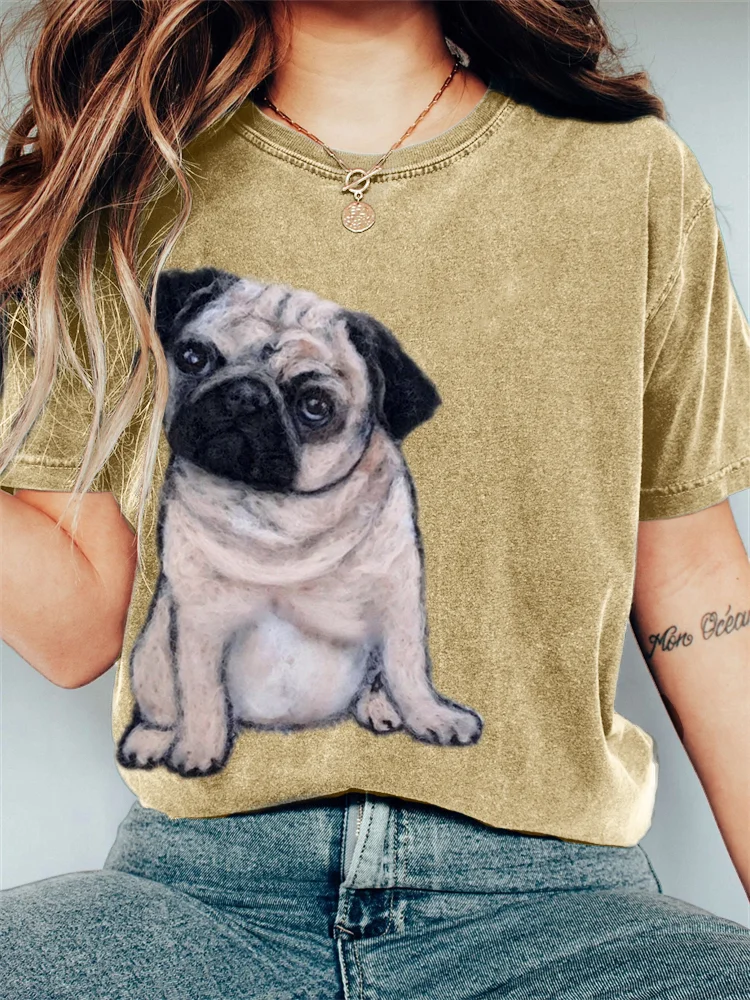 Lovely Pug Dog Felt Art Vintage T Shirt