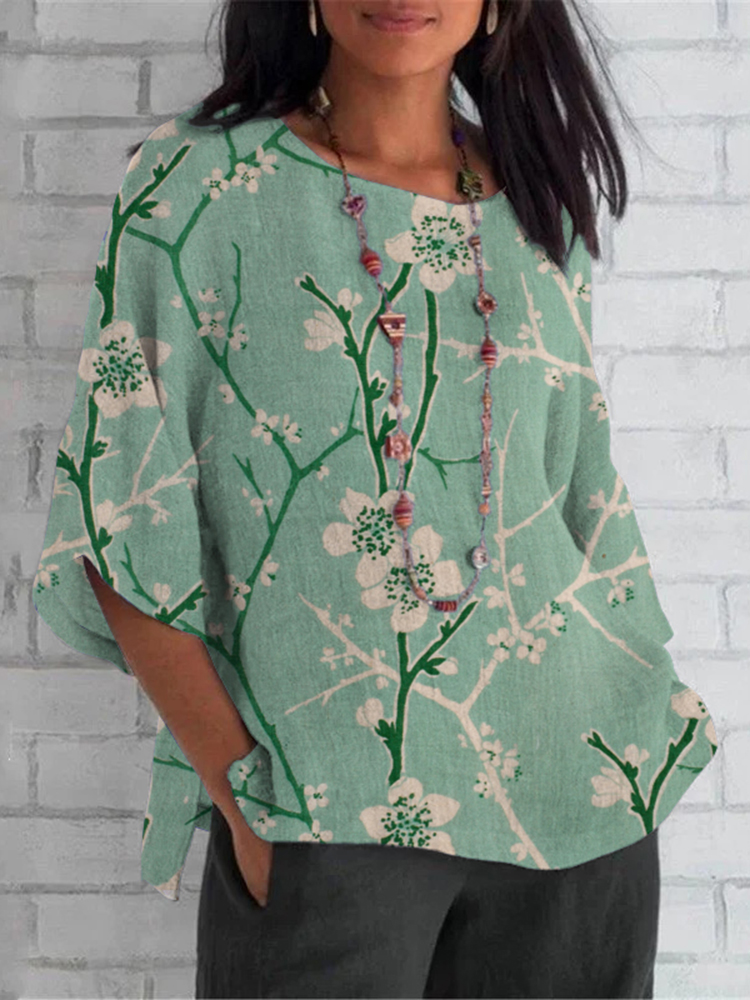 Comstylish Cherry Blossom Japanese Print Crew Neck Casual T-Shirt