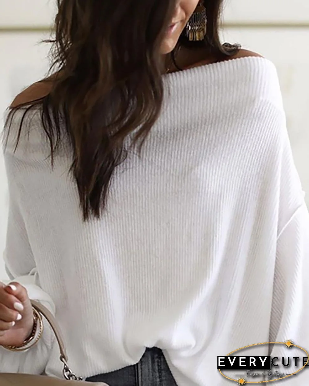 Off Shoulder Lantern Sleeve Ribbed Sweater P13620