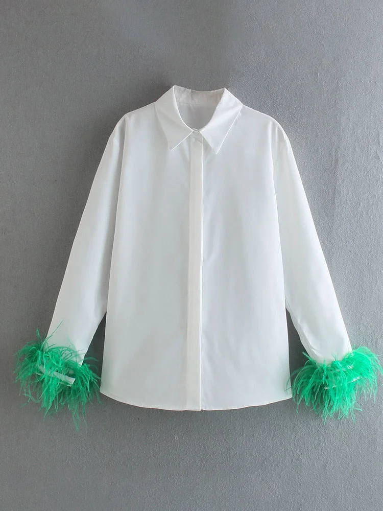 Back to school  Elegant Feathers Long Sleeve Shirt Casual Turn Down Collar Buttons Blouse Women Solid Chic Tops Streetwear Tunics Clothing 2022