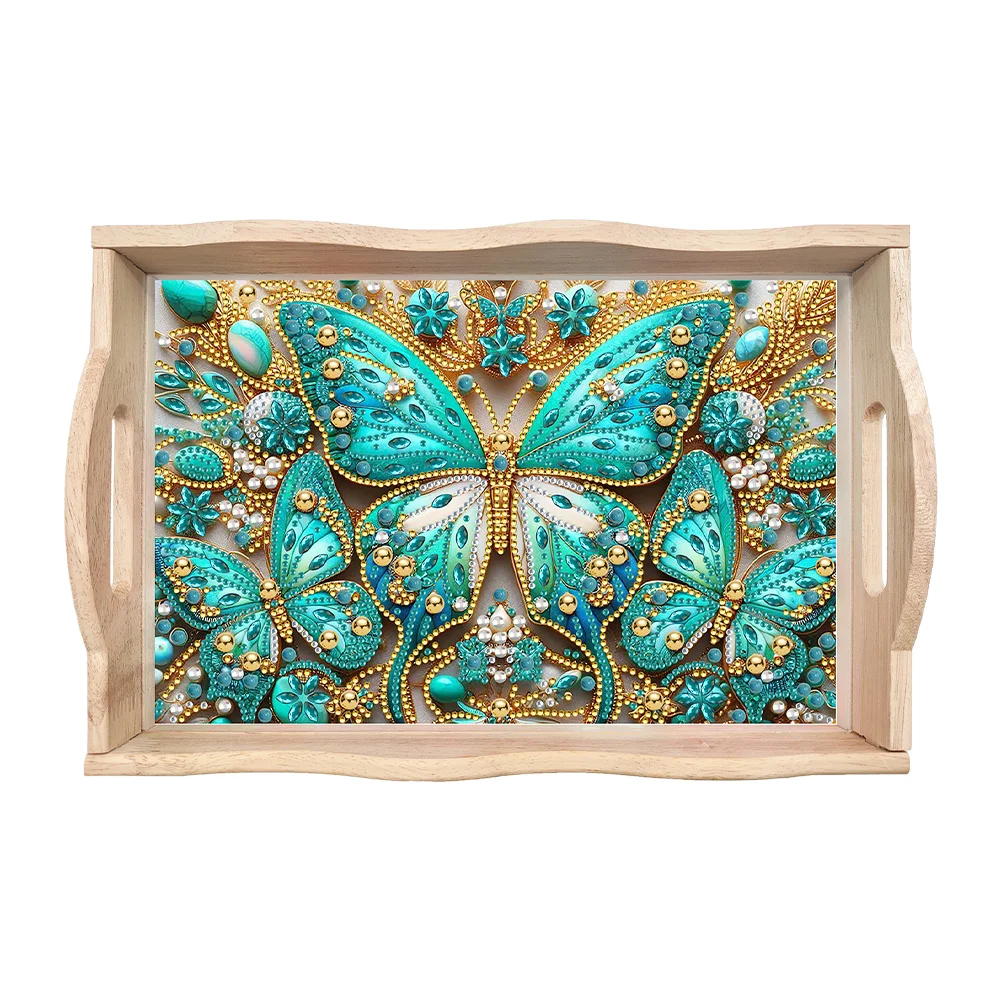 DIY Blue Butterfly Diamond Painting Wooden Serving Tray Diamond Art Dining Plate