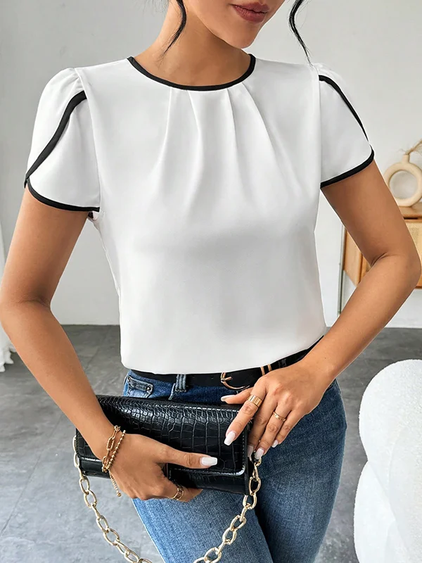 Pleated Hollow Short Sleeves Loose Round-Neck Blouses&Shirts Tops