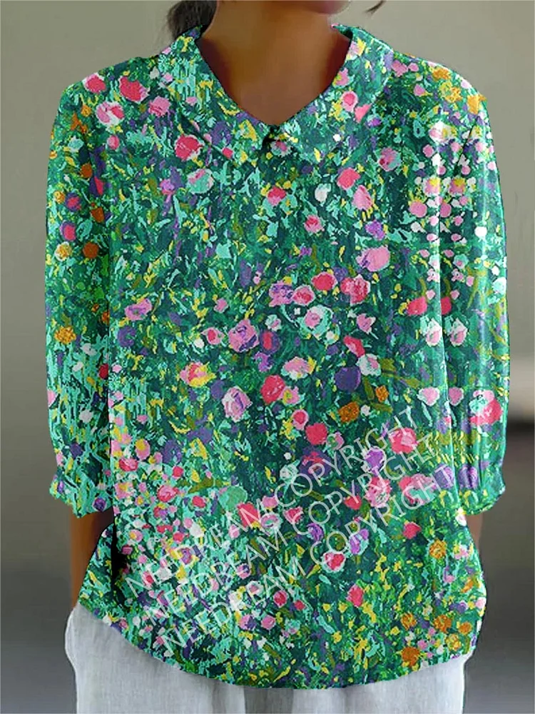 Womens Art Floral Pattern Casual Cotton And Linen Top