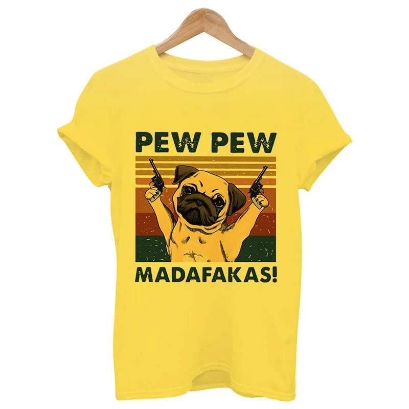 Murderous Black Cat With Gun Funny White T Shirt Pew Pew Madafakas Print Oversized T-shirt Women Short Sleeve Top Female Tshirt