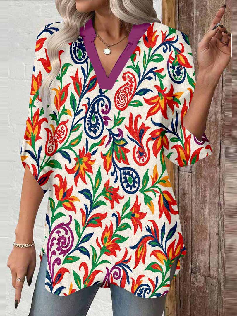 Women Floral, Green, Orange DZGA0082 3/4 Sleeve V-neck Printed Graphic Button Tops