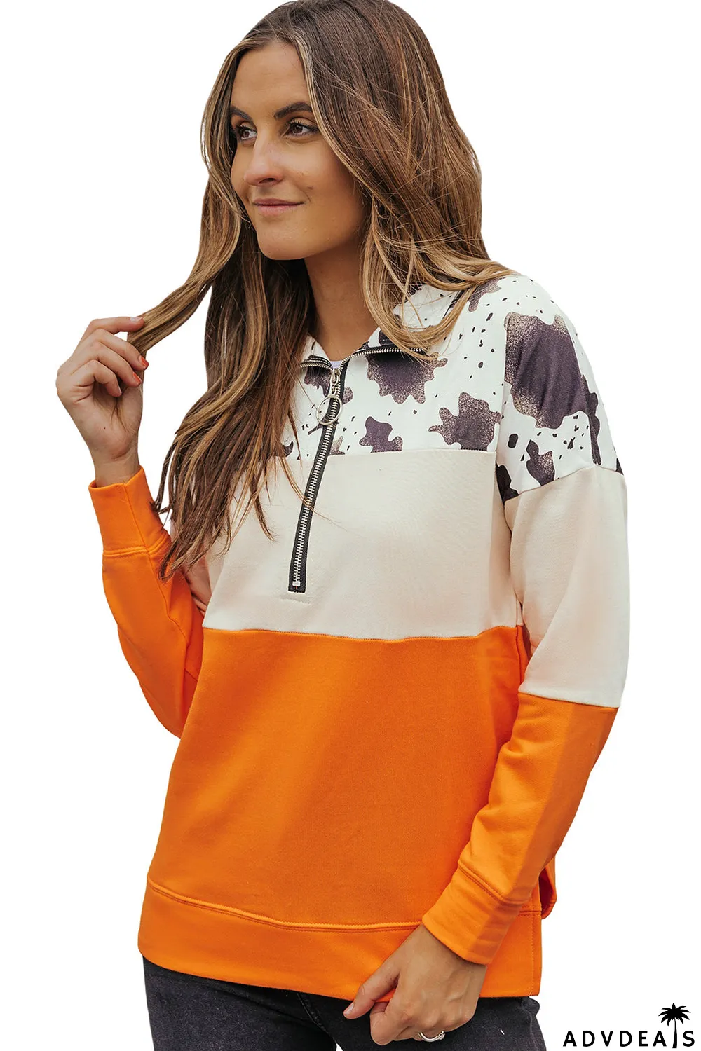 Cow Print Color Block Zip-Up Pullover Sweatshirt