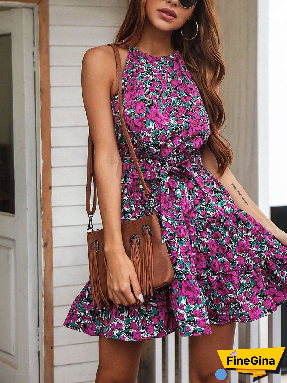 Halter Neck Print Mini Dress With Belt P12240