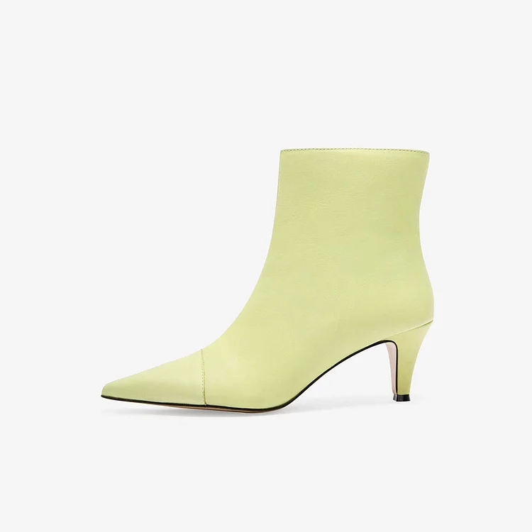 Lime Green Pointed Toe Zip Kitten Heel Booties for Women