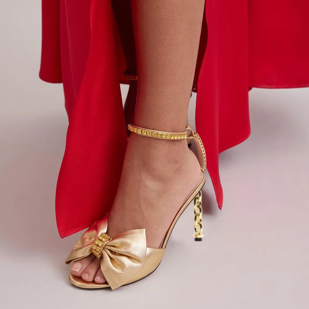 Gold Vegan Leahter Opened Toe Rhinestone Bow Strappy Sandals With Decorative Heels Nicepairs