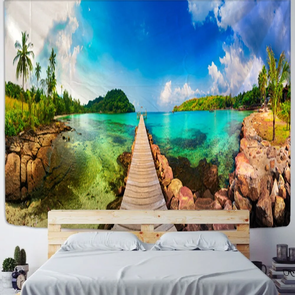 seaview room Tapestry Sea Coconut Tree Wall Hanging Beach Tapestries 3D Printed Large Wall Tapestry Boho Hippie Home Decor