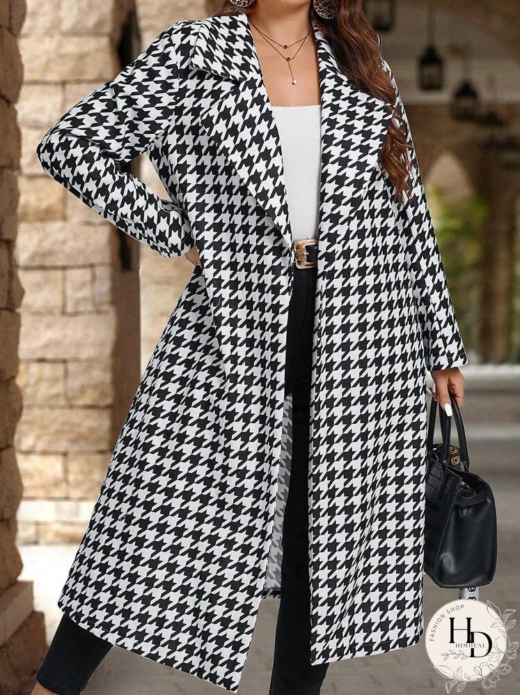 Plus Size Women Lapel Neck Plaid Wool Blend Jacket, Casual Daily Wear
