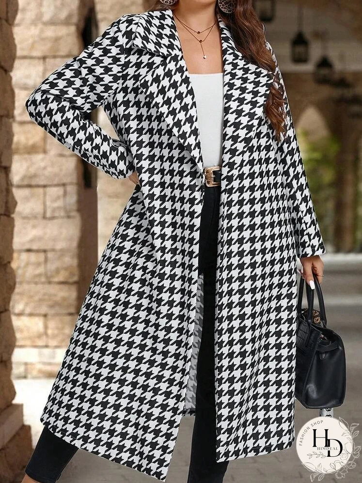 Plus Size Women Lapel Neck Plaid Wool Blend Jacket, Casual Daily Wear