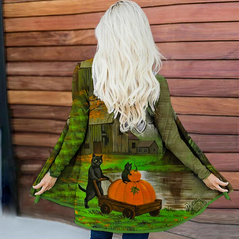 Womens Black Cat Pushed The Pumpkin Cart Cardigans